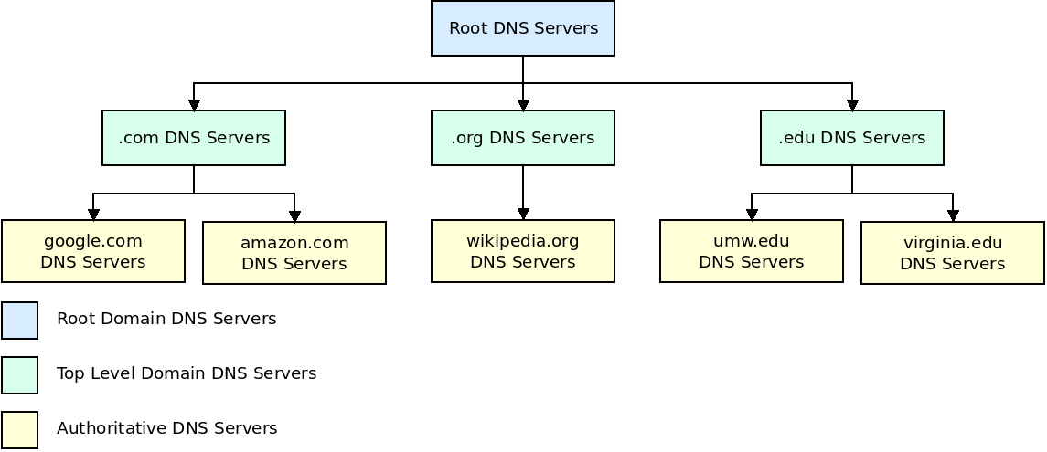 At the top level are the root DNS servers which
provide DNS for top-level domains such as .com, .org, and .edu.  Each of these
have TLD DNS servers for their domains.  Under that are authoritative DNS servers
for specific sites in those domains.