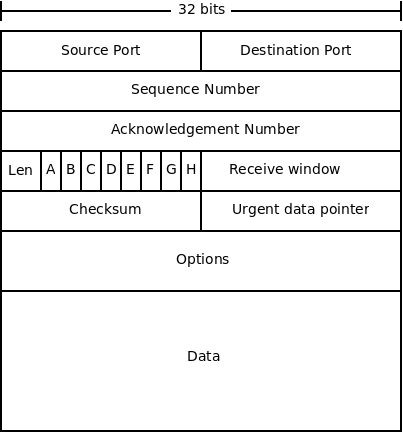 The layout of the fields in a TCP packet